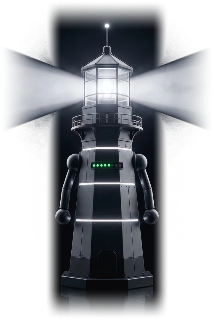 O robô Farol, com a lanterna acesa e as luzes do peito
                  indicando que está processando